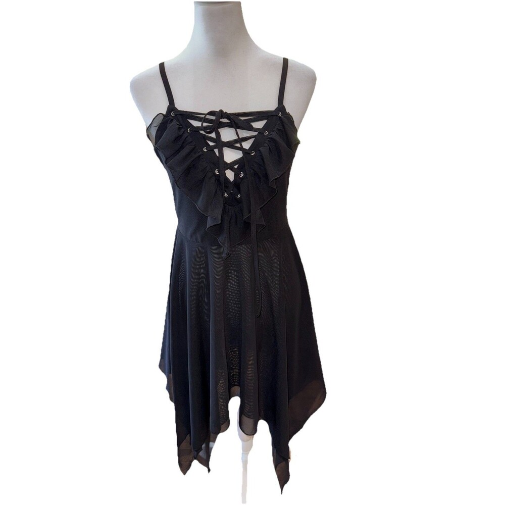 Killstar Gothic Witchy Corset Lace Up Ruffle Handkerchief Hem Black Midi Dress M